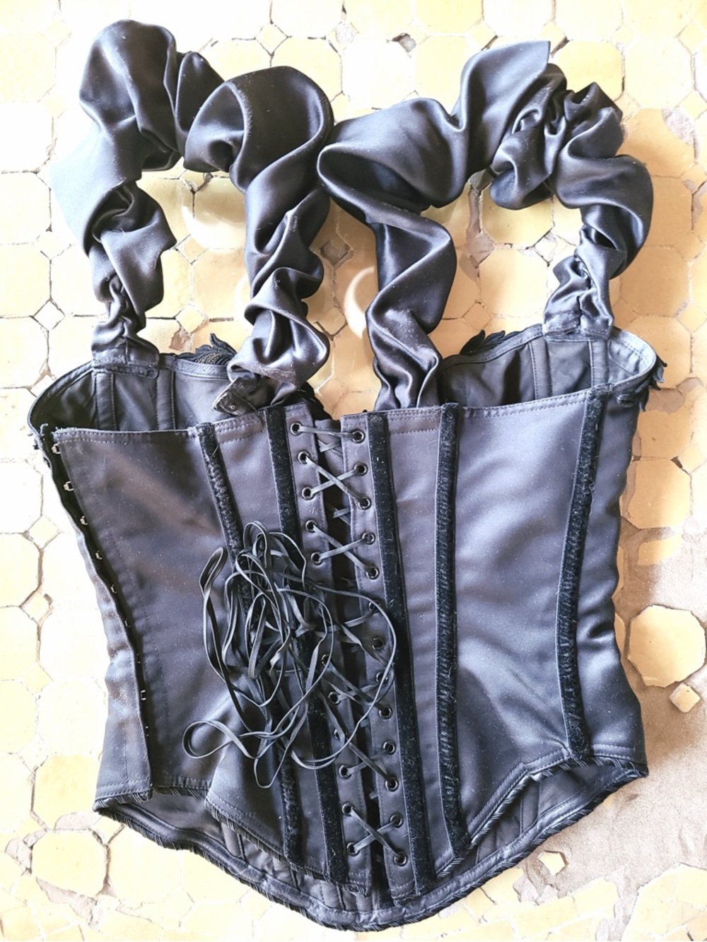 Parisian “Cadolle Paris” Black Silk Corset Top with Ruffled Straps